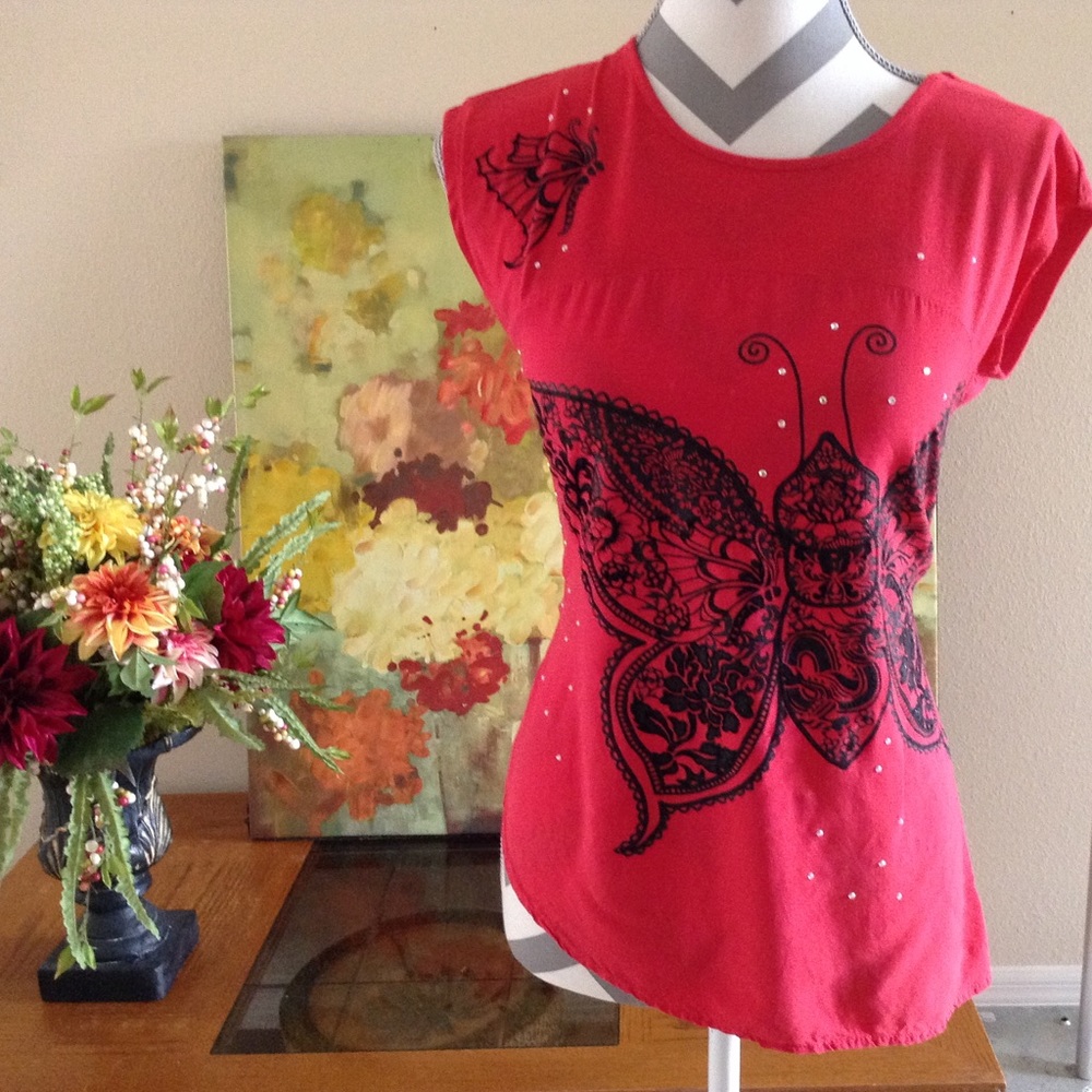 Disney Butterfly T-Shirt Red Asymmetrical Shirt
